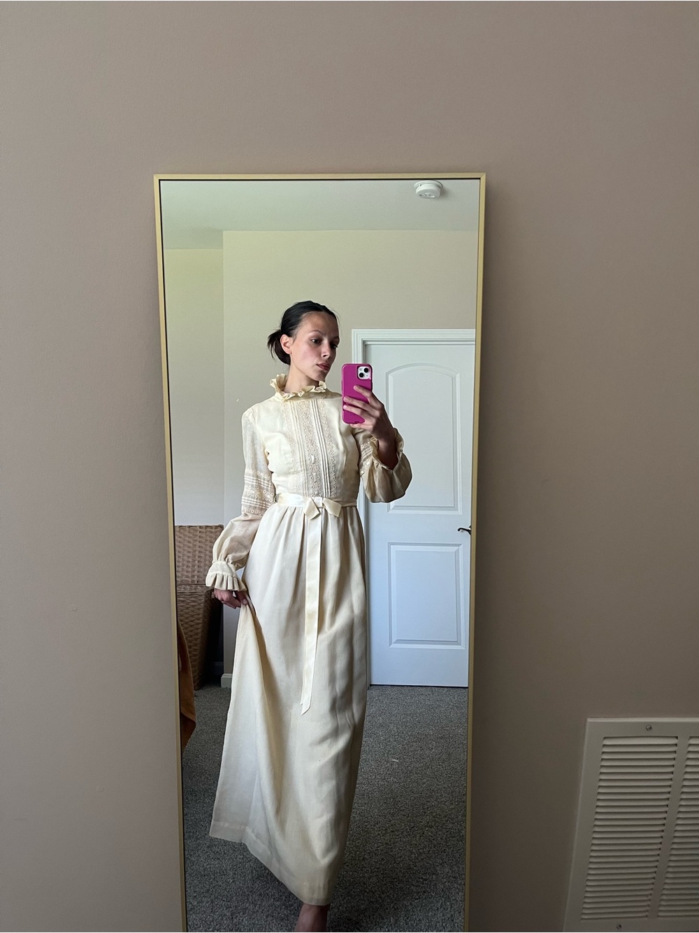 VTG Cream Long-Sleeve High-Neck Maxi Dress with Sash Prairie Cottagecore